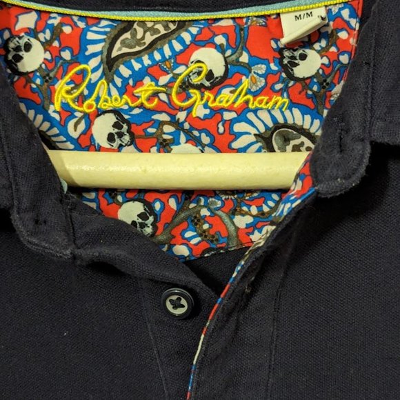 Robert Graham Men's Polo Golf Shirt M Navy Blue with Red Skull Button Placket - Picture 2 of 4